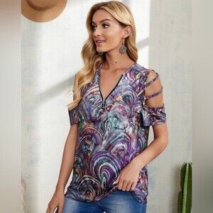 All over colorful print cutout cotton blend top size small